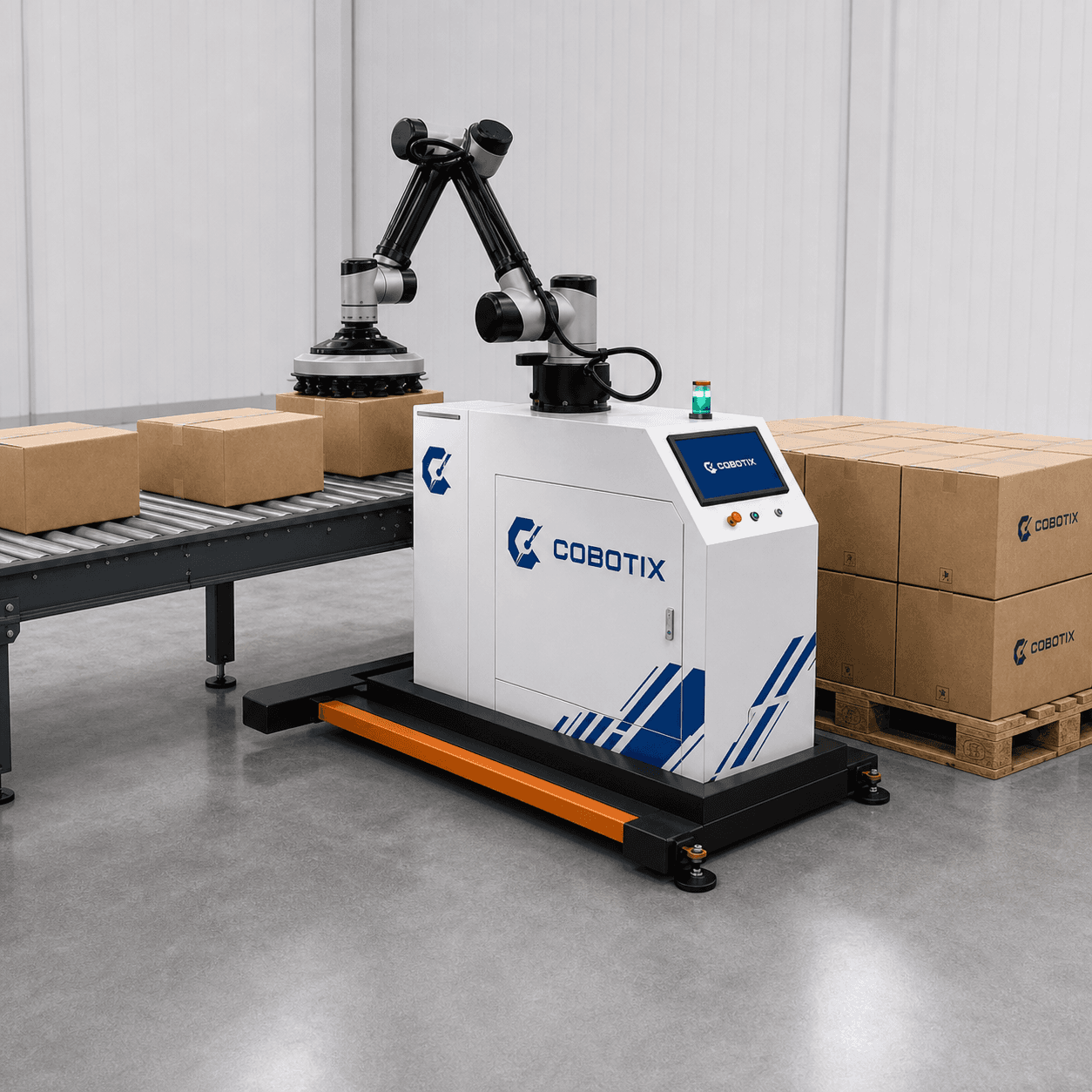 רובוט משטוח Cobotix מסדר קרטונים על משטח
