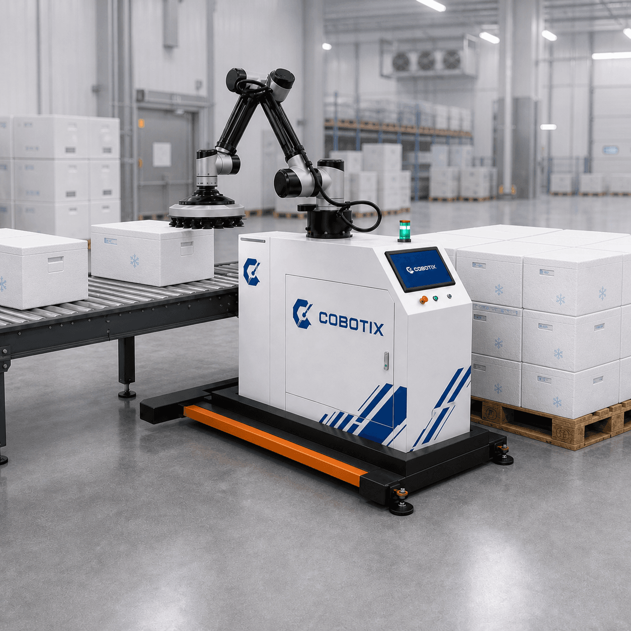 Robotic palletizer מטפל בארגזים