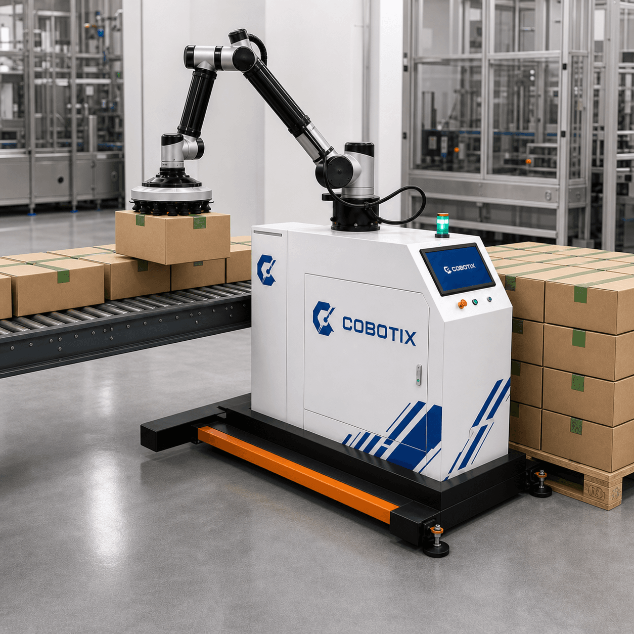 מערכת Cobotix אוספת מארז ממסוע בתהליך משטוח אוטומטי