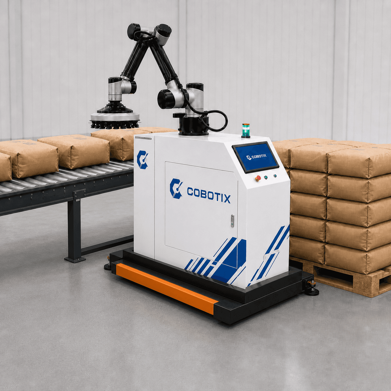 Cobot Palletizer של Cobotix עם מסוע ומשטח שקים צמוד