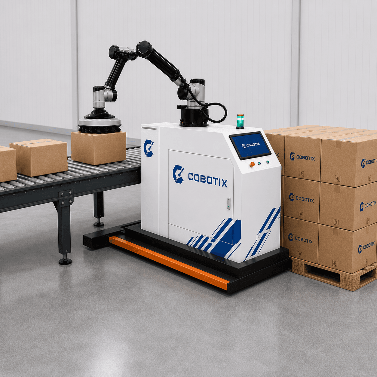קובוט משטוח Cobotix לצד מסוע ומשטח קרטונים
