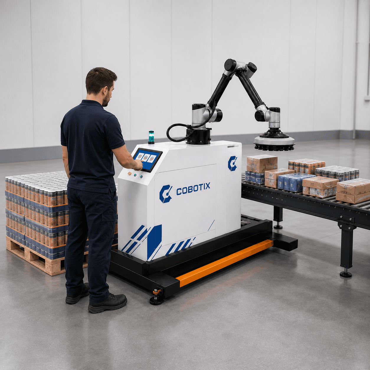מפעיל בוחר תוכנית מוצר במסך Cobot Palletizer