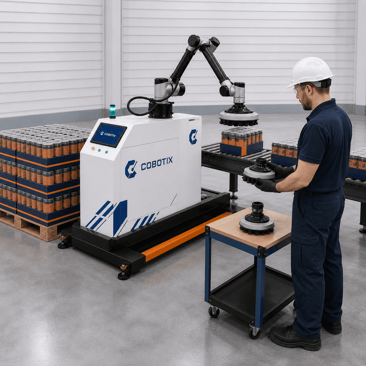 טכנאי מכין החלפת גריפר ברובוט Cobotix לקו אריזה
