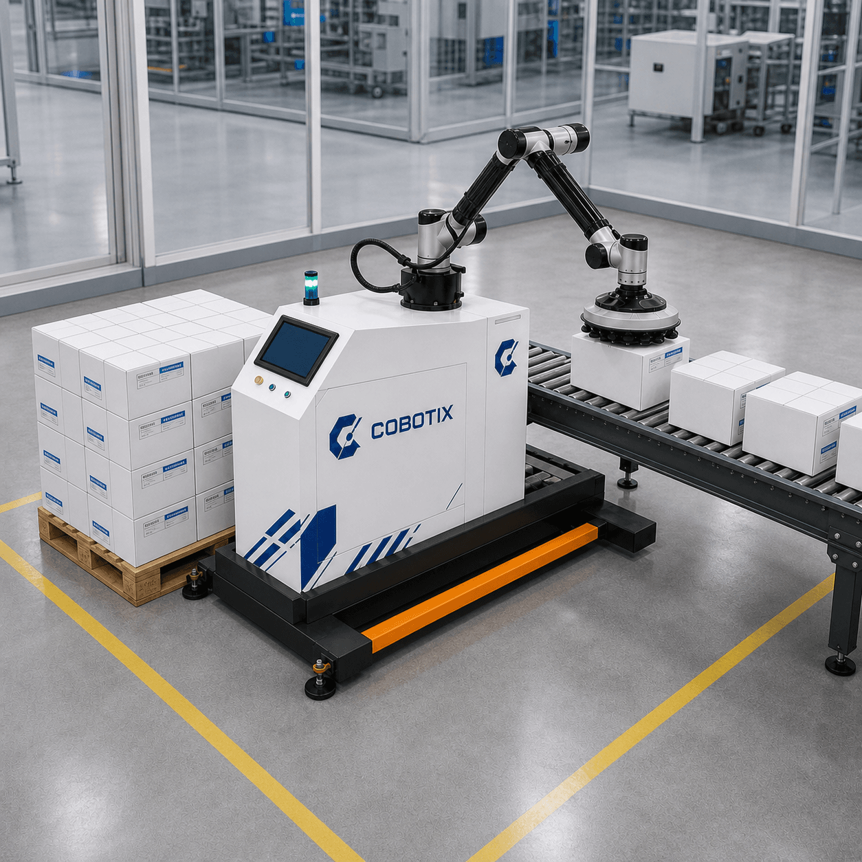 Palletizing Robot של Cobotix עם סימון מעטפת עבודה קומפקטית