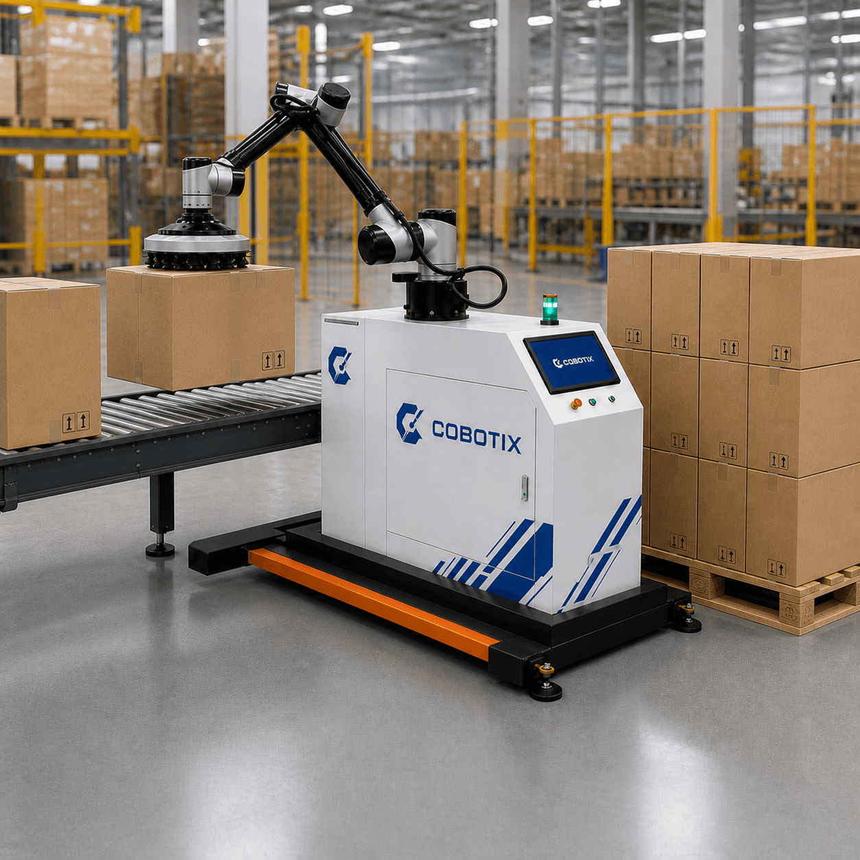 Palletizing Robot של Cobotix מרים קרטון כבד באמצעות גריפר ואקום