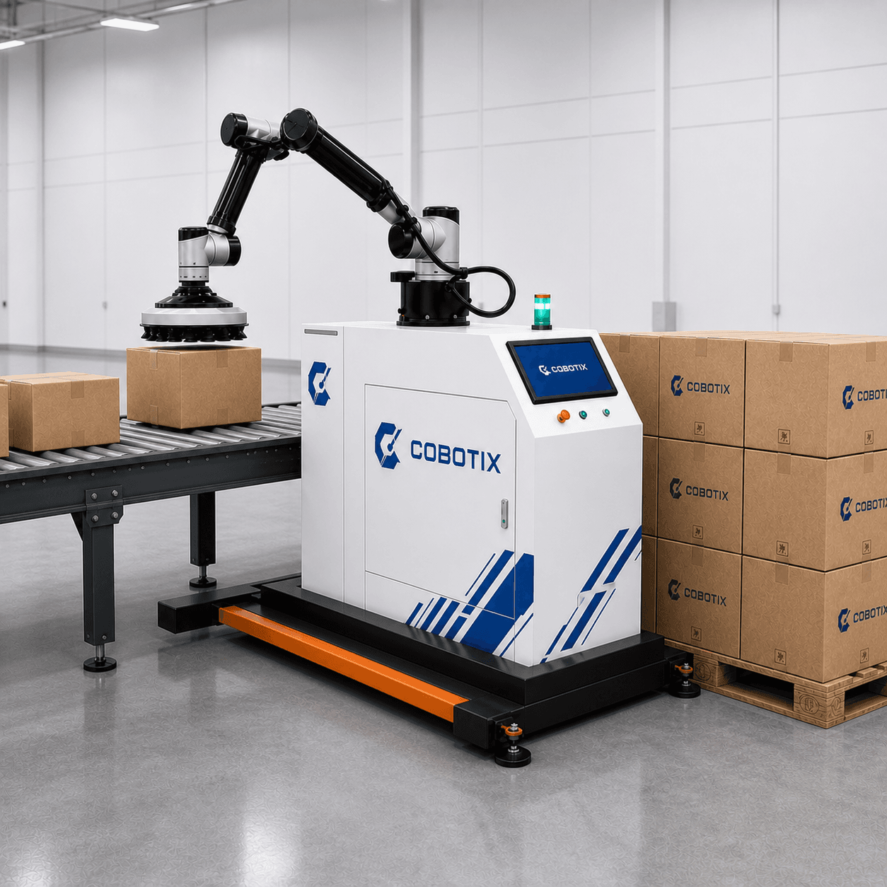 מערכת Palletizing System של Cobotix עם מסוע ומשטח צמוד