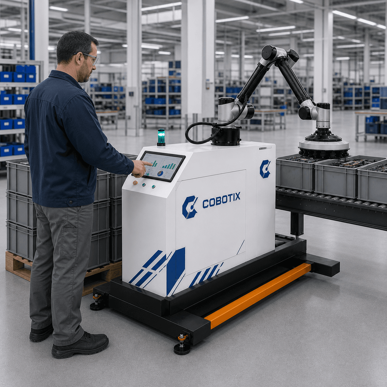 מהנדס בוחן נתוני ביצוע במערכת אוטומציה של Cobotix