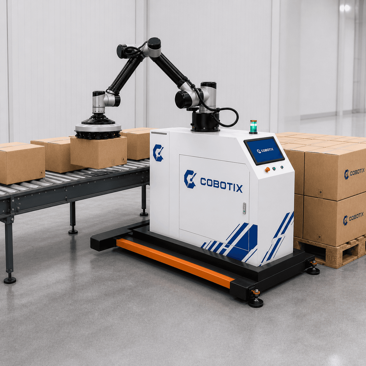 רובוט משטוח Cobotix אוסף קרטון ממסוע קצה הקו