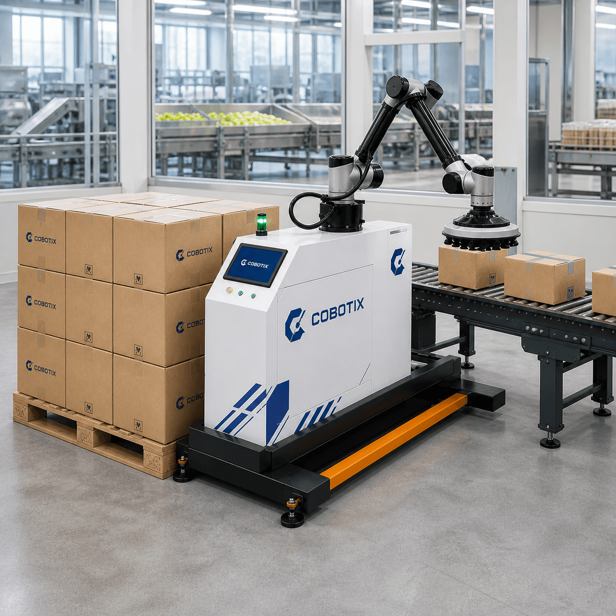 רובוט משטוח Cobotix לצד משטח קרטונים מסודר ויציב