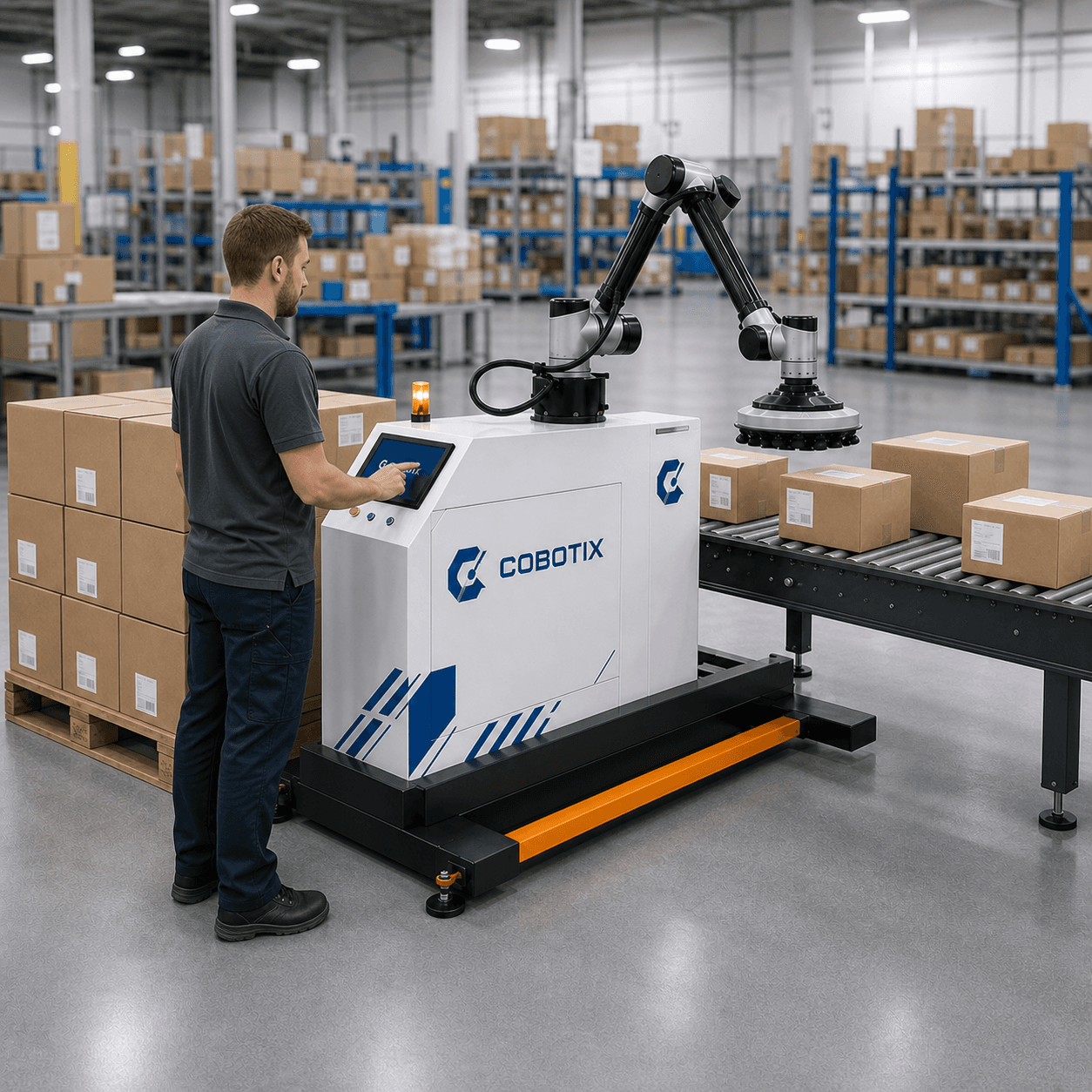 מפעיל מאשר חזרה לעבודה לאחר עצירה במערכת Robotic Palletizer
