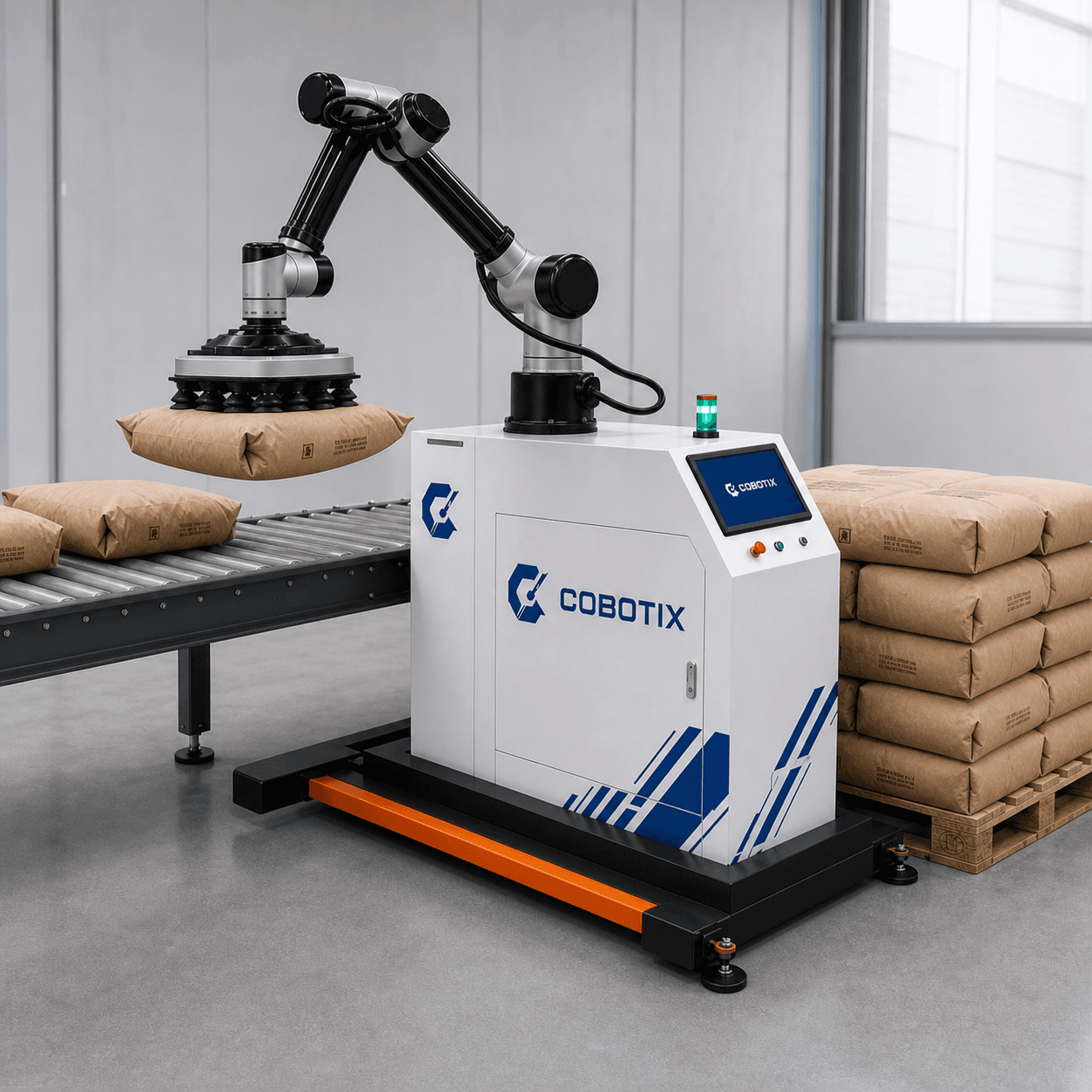 גריפר רחב של Cobotix מרים שק נייר מהמסוע