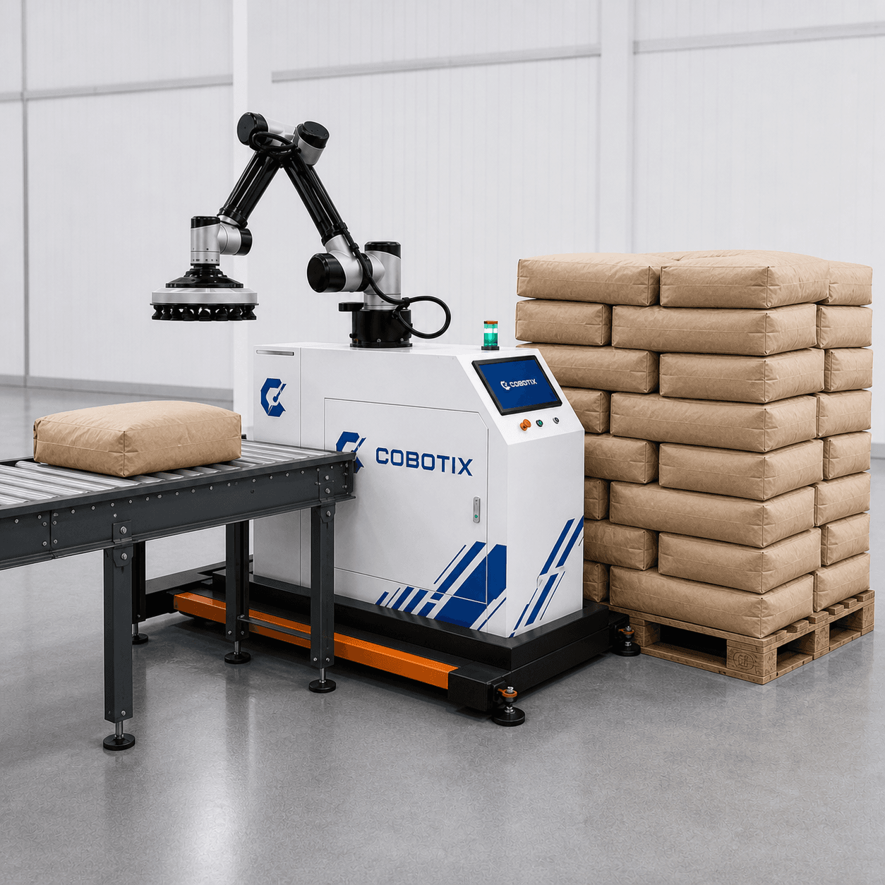 משטח שקים מסודר לצד רובוט Cobotix