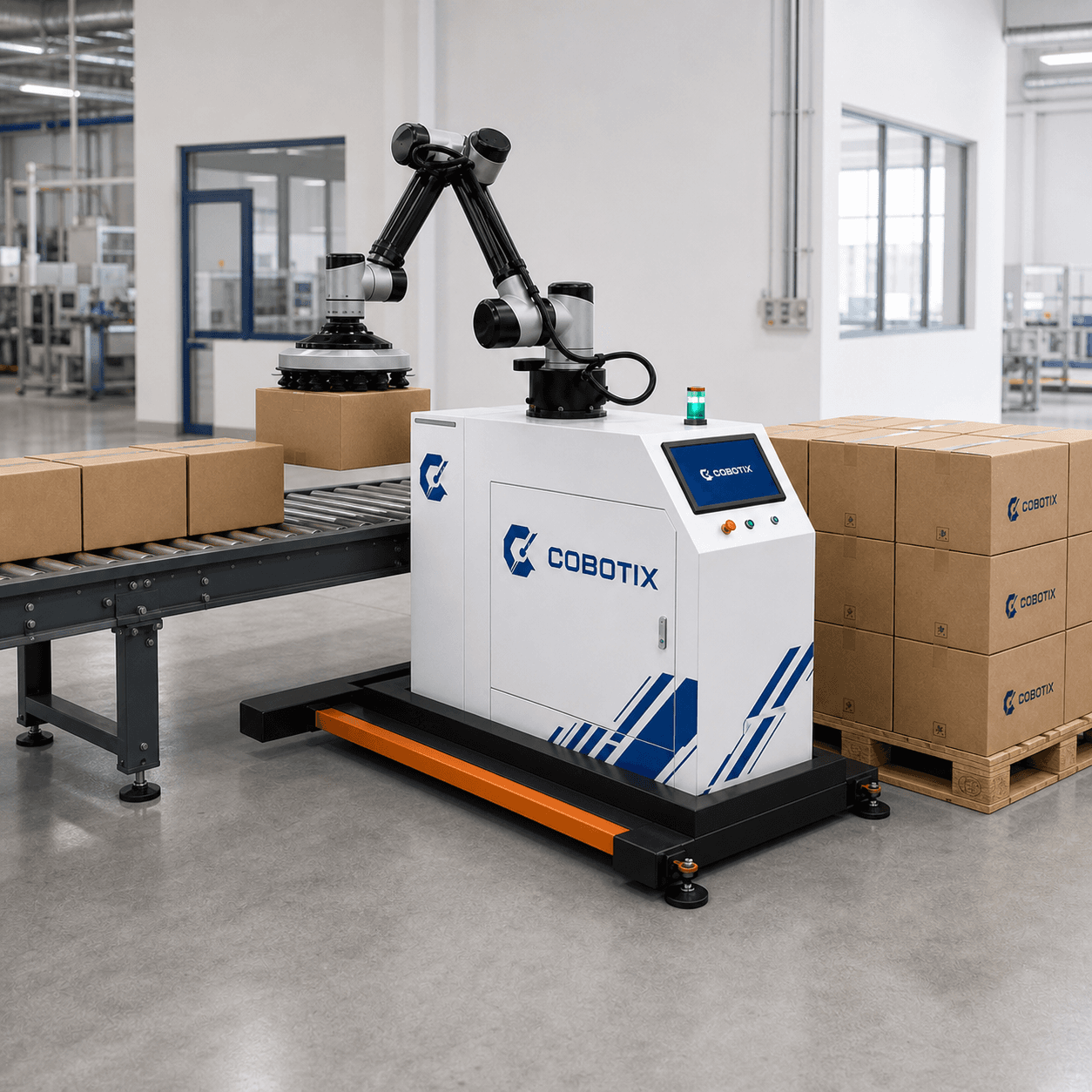 רובוט Cobotix למשטוח קרטונים עם מסוע ומשטח צמוד