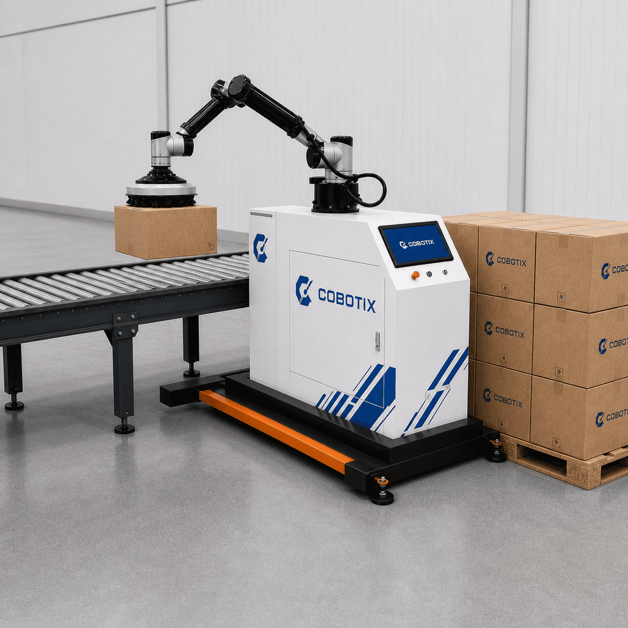 גריפר ואקום של Cobotix אוסף קרטון ממסוע קצה הקו