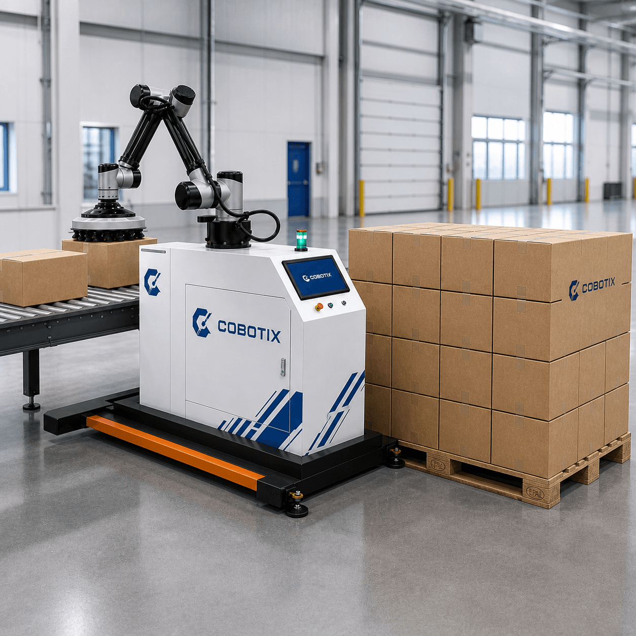 רובוט Cobotix בונה משטח קרטונים בשכבות מדויקות