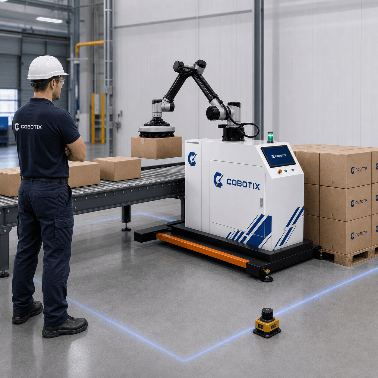 אזור בטיחות מסומן סביב מערכת משטוח Cobotix