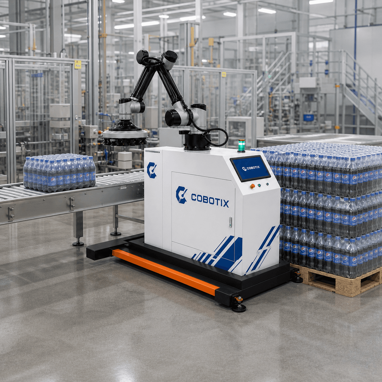 משטח מארזי משקאות מסודר לצד רובוט Cobotix