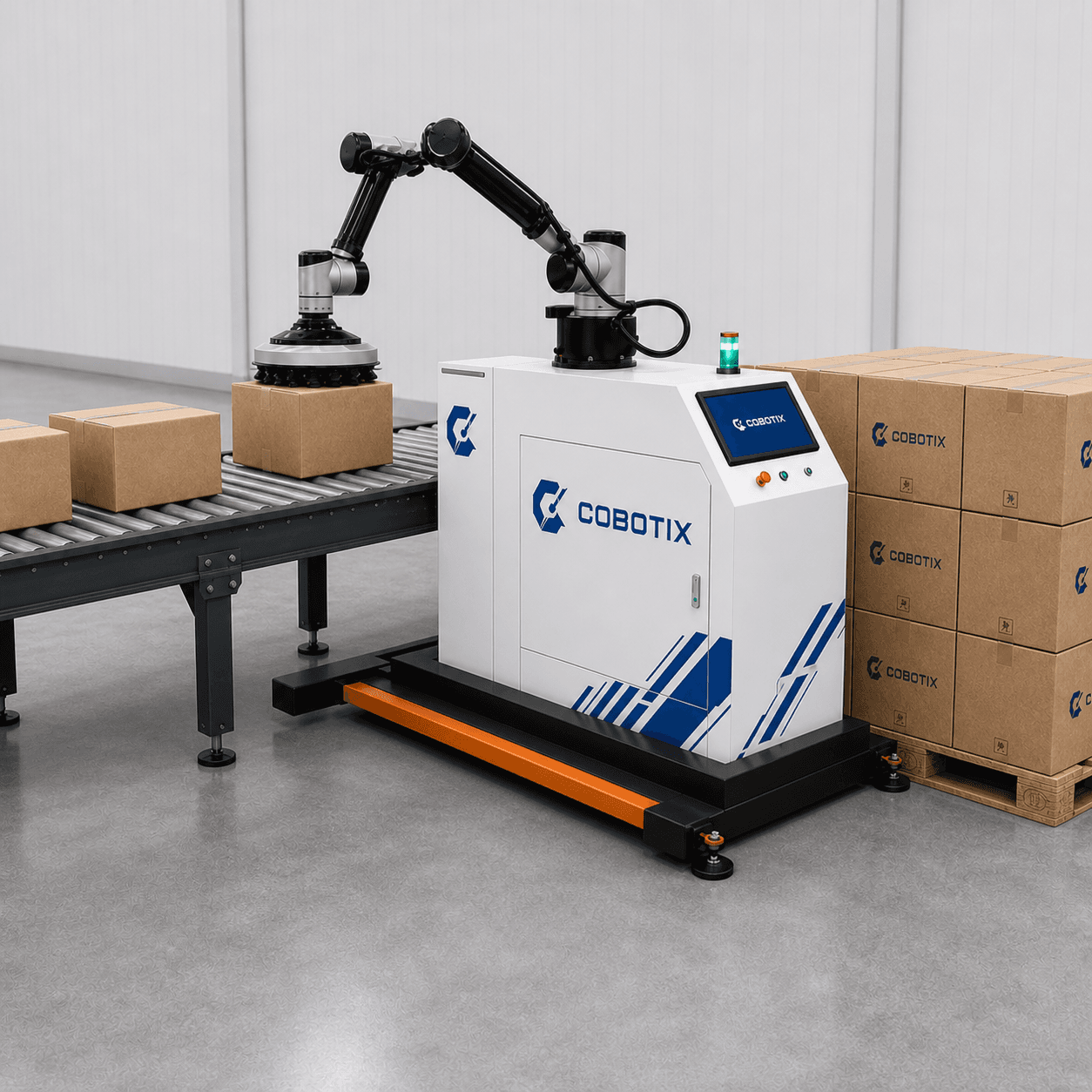 רובוט משטוח נייד Cobotix עם מסוע קצה קו ומשטח קרטונים צמוד