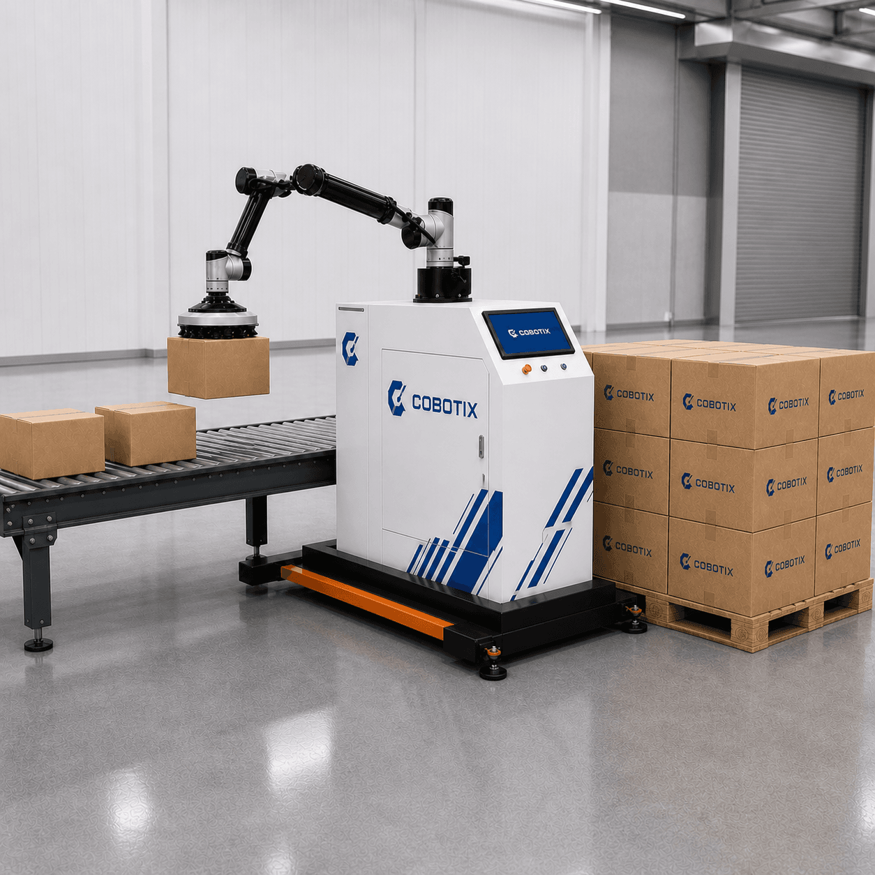 תבנית שכבות קרטונים משולבת לצד מערכת Cobotix