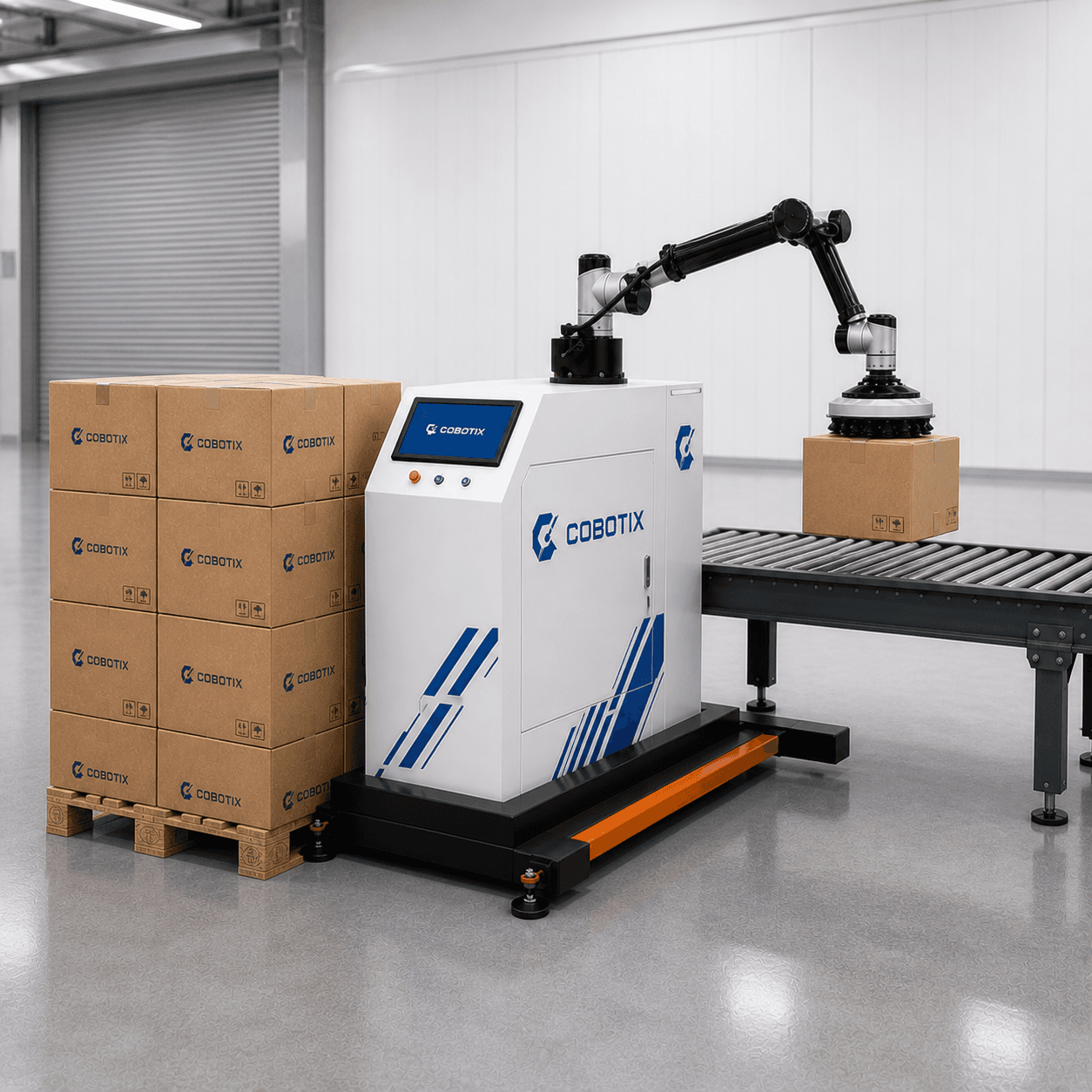משטח קרטונים גבוה ויציב לצד מערכת Cobotix