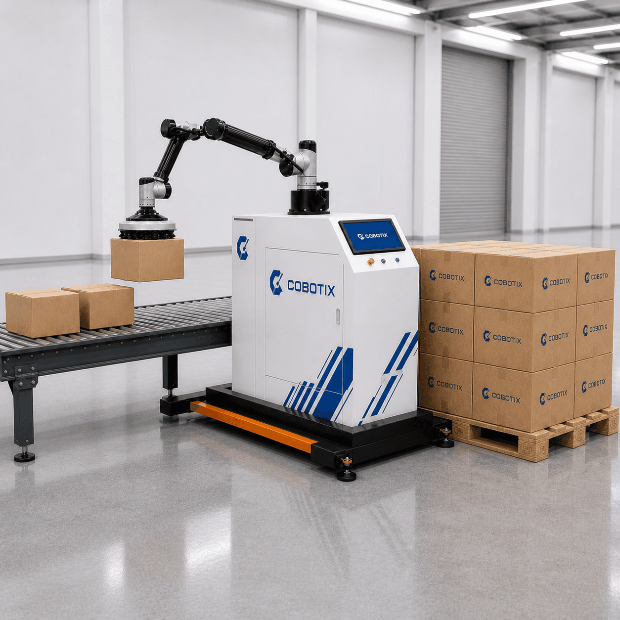 משטח קרטונים מלא מוכן לפינוי לצד Cobotix