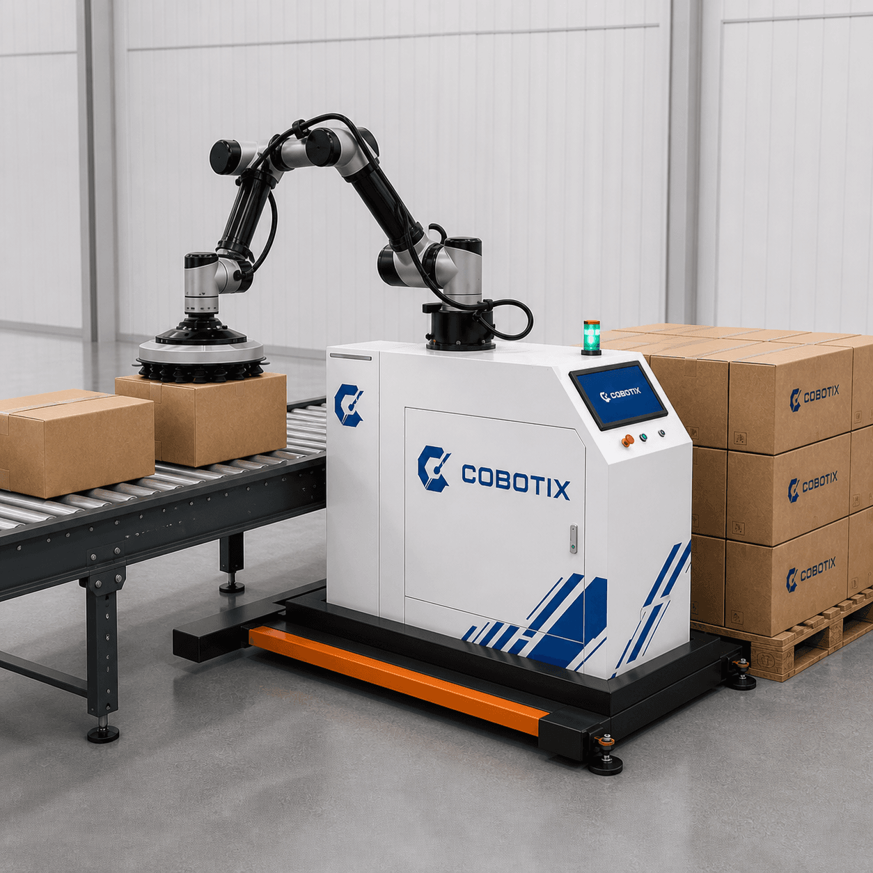 גריפר Cobotix אוסף קרטון מתוך רצף קבוע במסוע