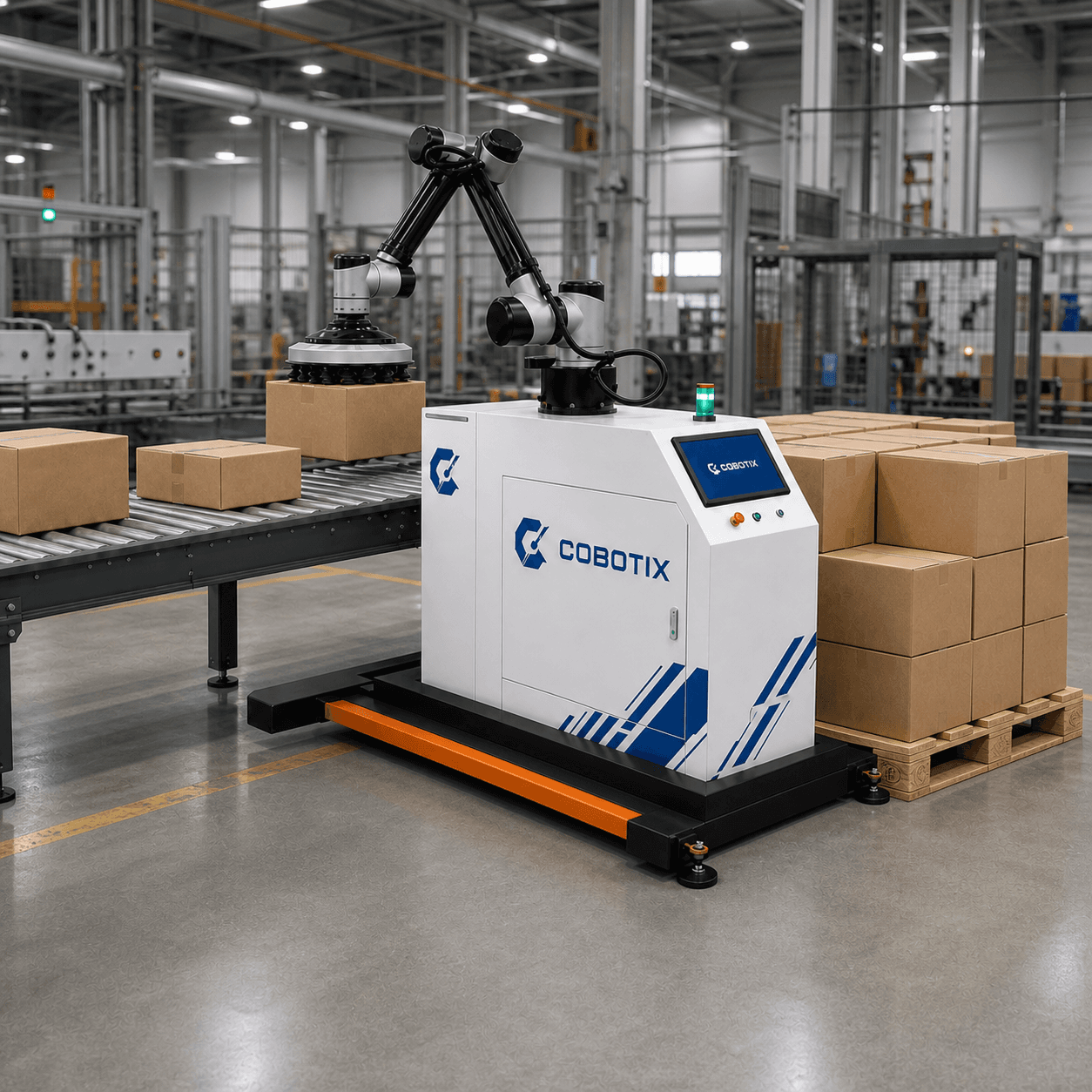פלטייזר רובוטי Cobotix עם מסוע ומשטח קרטונים