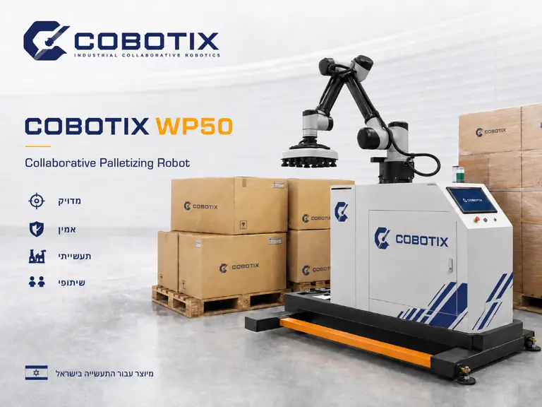 מערכת Cobotix WP50 עם זרוע רובוטית, קרטונים ומשטחים